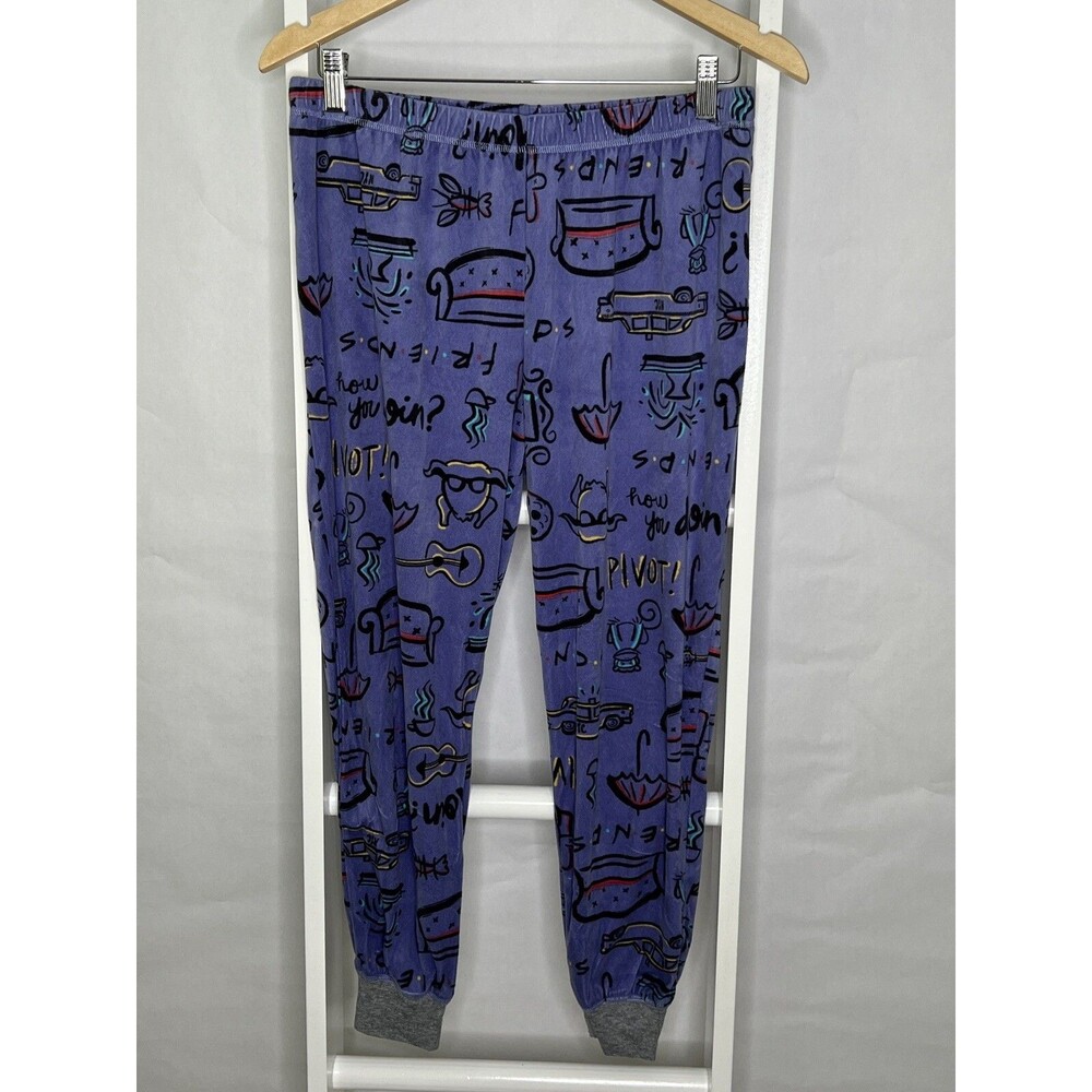 FRIENDS Pajama Bottom Womens Small Purple Lounge Pant  Motif Velour Knit Cuff
